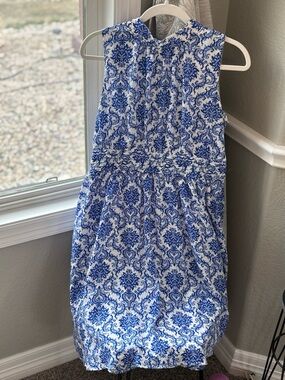Blue and White Sleeveless Floral Print Dress